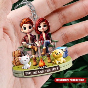 Camping Couple And Dogs Cats Personalized Acrylic Keychain