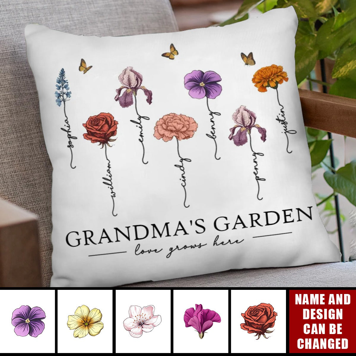 Grandma's Garden Love Grows Here Beautiful Birth Month Flower Personalized Pillow