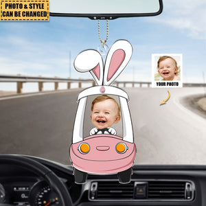 Custom Photo Funny Face Bunny Easter Car Gift - Personalized Easter Car Ornament