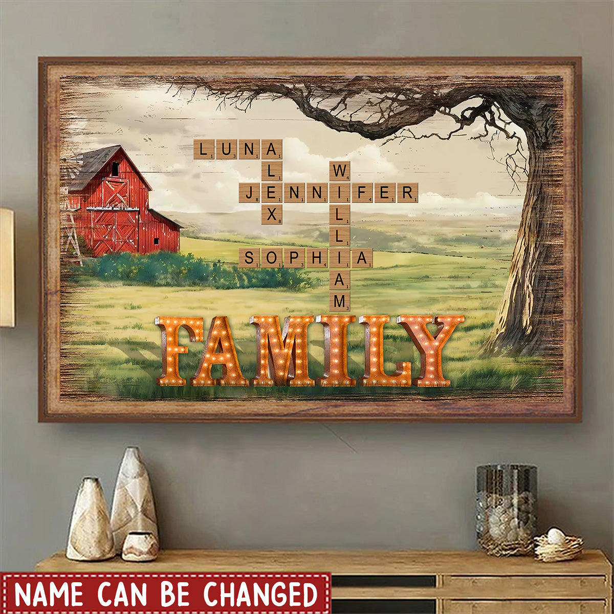 Family Farmhouse Tree Crossword Puzzle Art Personalized Poster, Gift For Mom, Dad, Husband, Wife