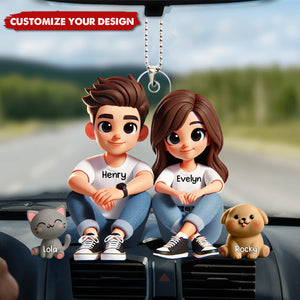 Cute Couple And Dogs Cats Sitting - Personalized Acrylic Car Ornament, Valentine's Day Gift