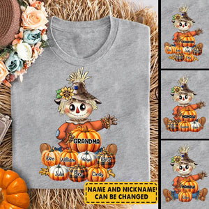 Fall Season Scarecrow Grandma- Mom With Little Pumpkin Kids Personalized T-shirt