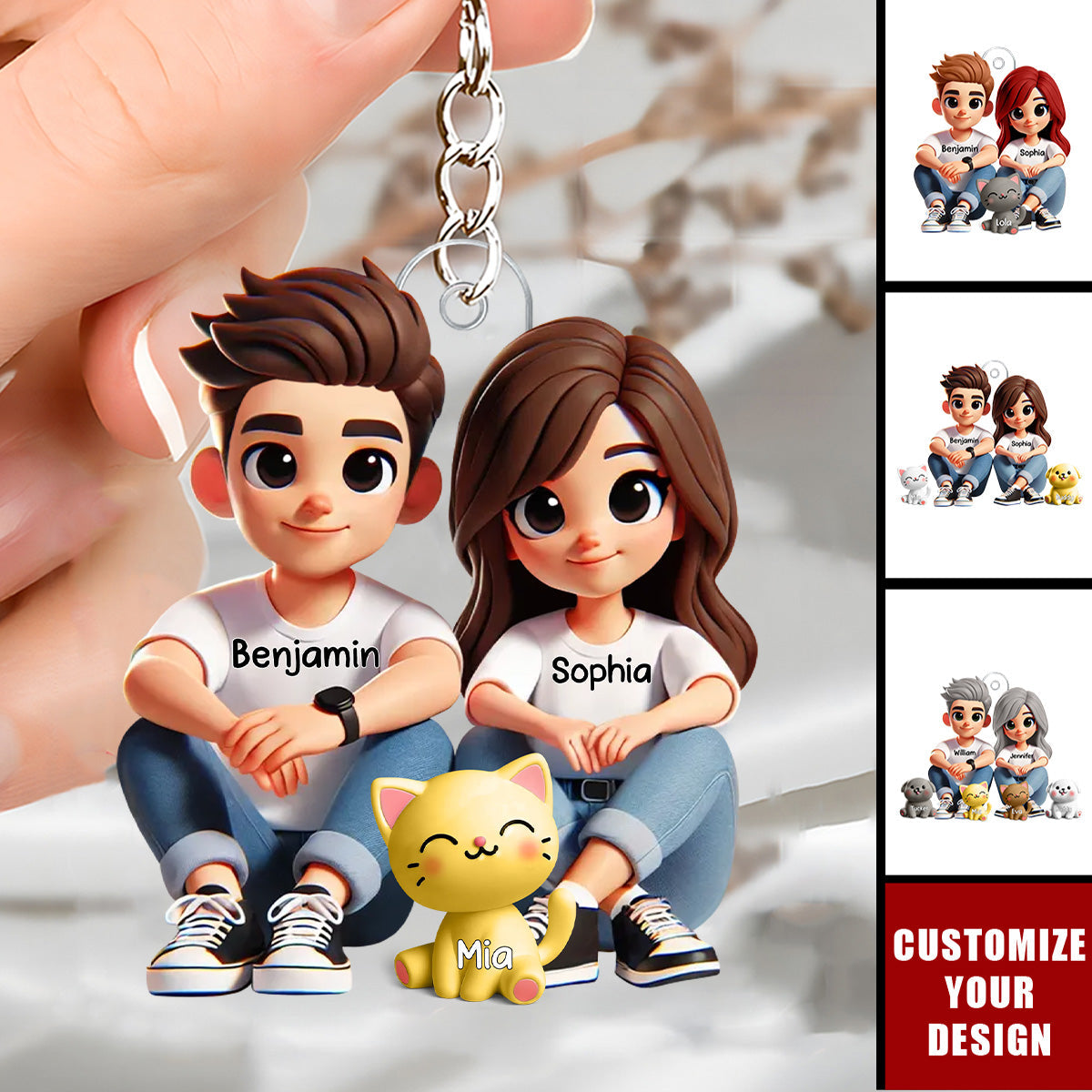 Cute Couple And Dogs Cats Sitting - Personalized Acrylic Keychain, Valentine's Day Gift