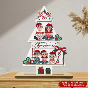 Pine Tree Christmas Family Sitting - Personalized 2-Layer Standing Wooden Plaque