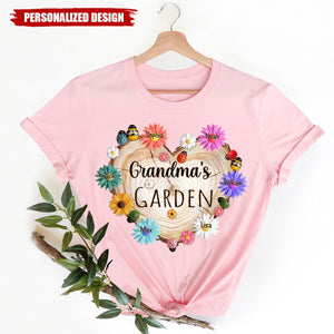 Personalized Grandma Garden Heart Flower Shirt, Custom Grandma With Grandkids Flower Wood Heart