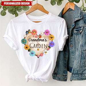 Personalized Grandma Garden Heart Flower Shirt, Custom Grandma With Grandkids Flower Wood Heart