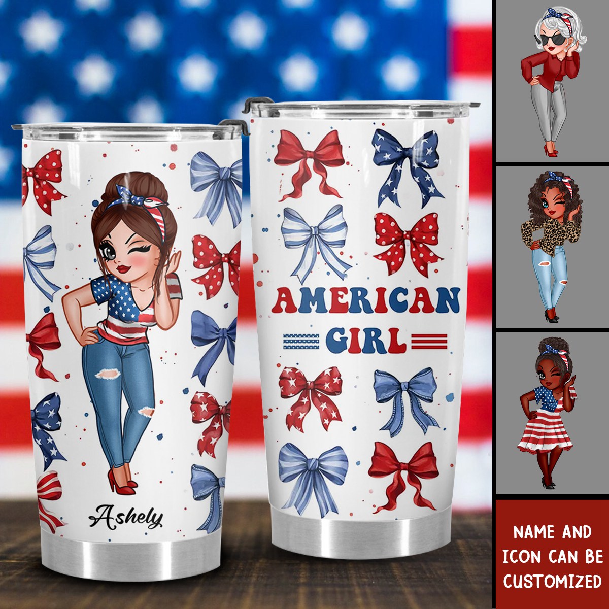 American Girl Nation Flag Bow Personalized Tumbler Cup