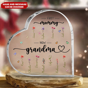 Grandma & Her Charming Flowers - Personalized Heart Shaped Acrylic Plaque - Gift For Mom, Grandma