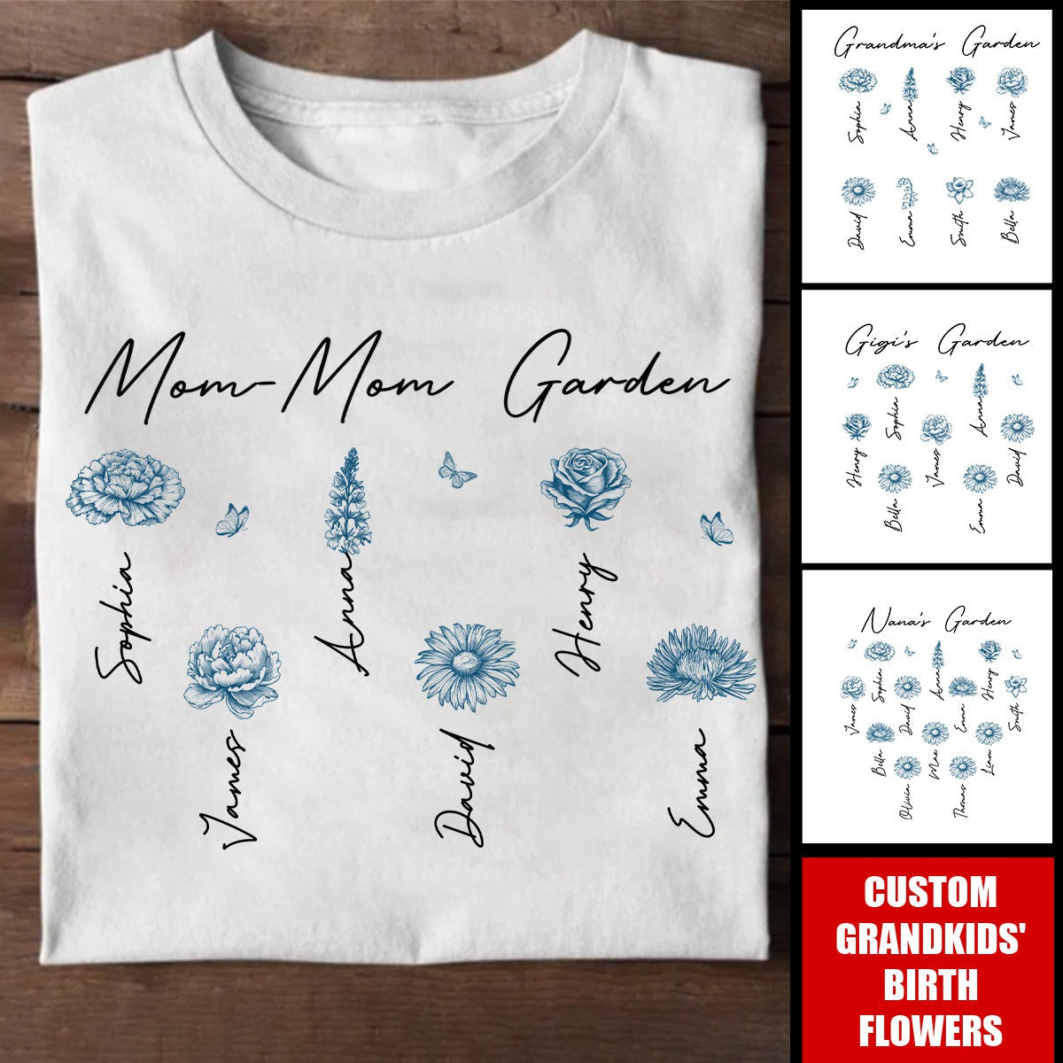 Grandma's Garden Retro Vintage Birthmonth Flowers Personalized Shirt, Grandkids Names Floral Gift for Grandma, Mom