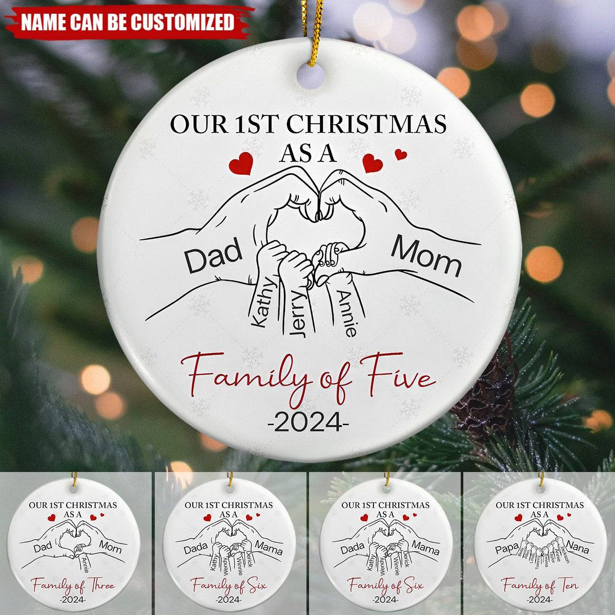 First Christmas As A Family Of Three Hand Heart - Personalized Circle Ceramic Ornament