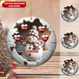 Cute Snow Grandma And Grandkids Personalized Ceramic Circle Ornament