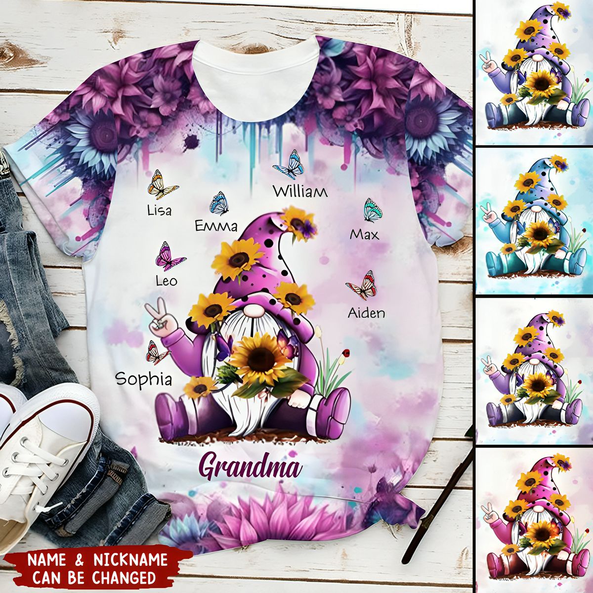 Sunflower Dwarf Grandma With Butterfly Kid Name Personalized 3D Shirt