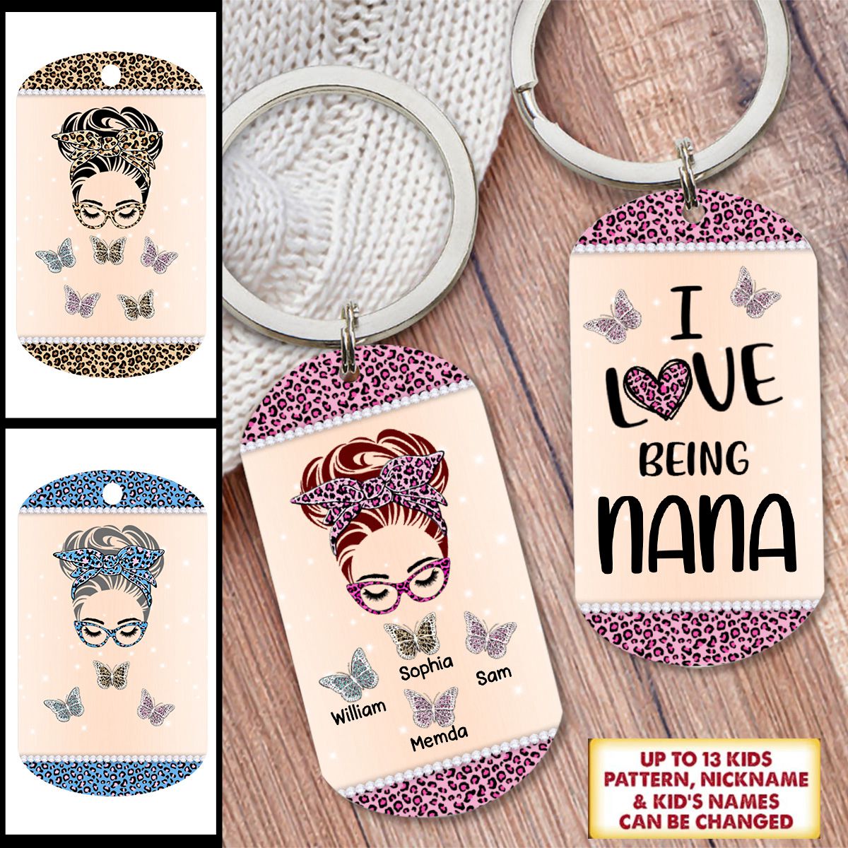 Personalized I Love Being Nana Butterfly Messy Bun Stainless Steel Keychain Nana With Grandkids Name Keychain