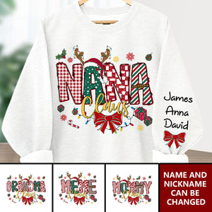 Personalized Christmas Nana Claus Sweatshirt, Custom Mama Claus Christmas Tree Cake Coquette Bow Candy Cane Santa Hot Cocoa Sweatshirt