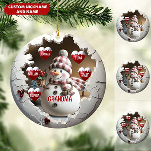 Cute Snow Grandma And Grandkids Personalized Ceramic Circle Ornament