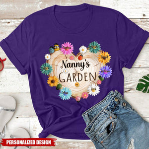 Personalized Grandma Garden Heart Flower Shirt, Custom Grandma With Grandkids Flower Wood Heart