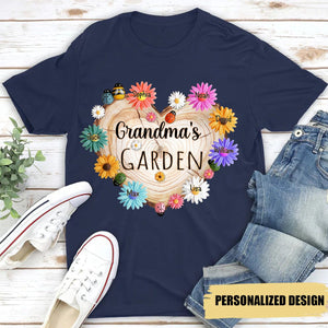 Personalized Grandma Garden Heart Flower Shirt, Custom Grandma With Grandkids Flower Wood Heart