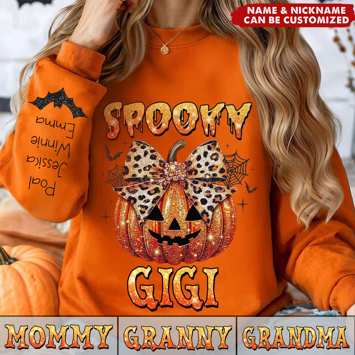 Spooky Pumpkin Grandma Mom Name On Sleeves Halloween Personalized Sweatshirt