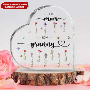 Grandma & Her Charming Flowers - Personalized Heart Shaped Acrylic Plaque - Gift For Mom, Grandma