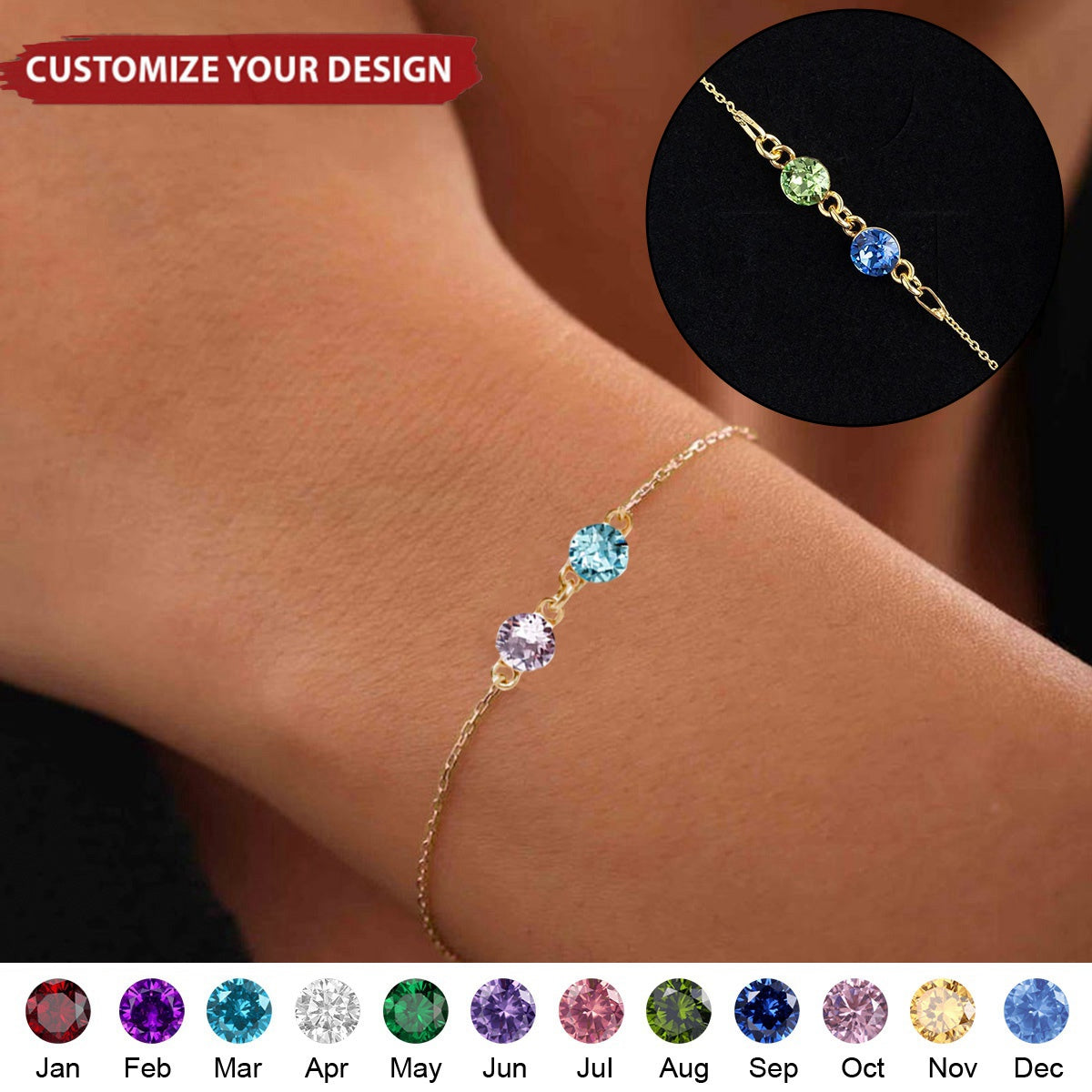 Husband and Wife Forever Linked Together Personalized Birthstones Bracelet