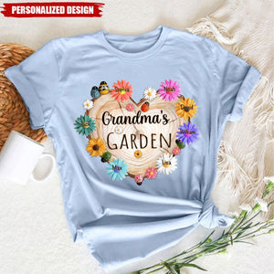 Personalized Grandma Garden Heart Flower Shirt, Custom Grandma With Grandkids Flower Wood Heart