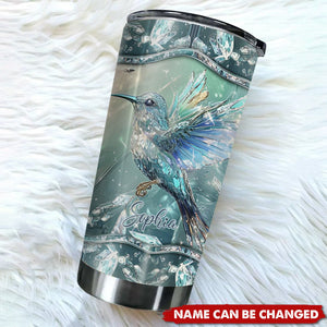 Crystal Radiance Iridescent Hummingbird Glass Art Personalized Name Tumbler