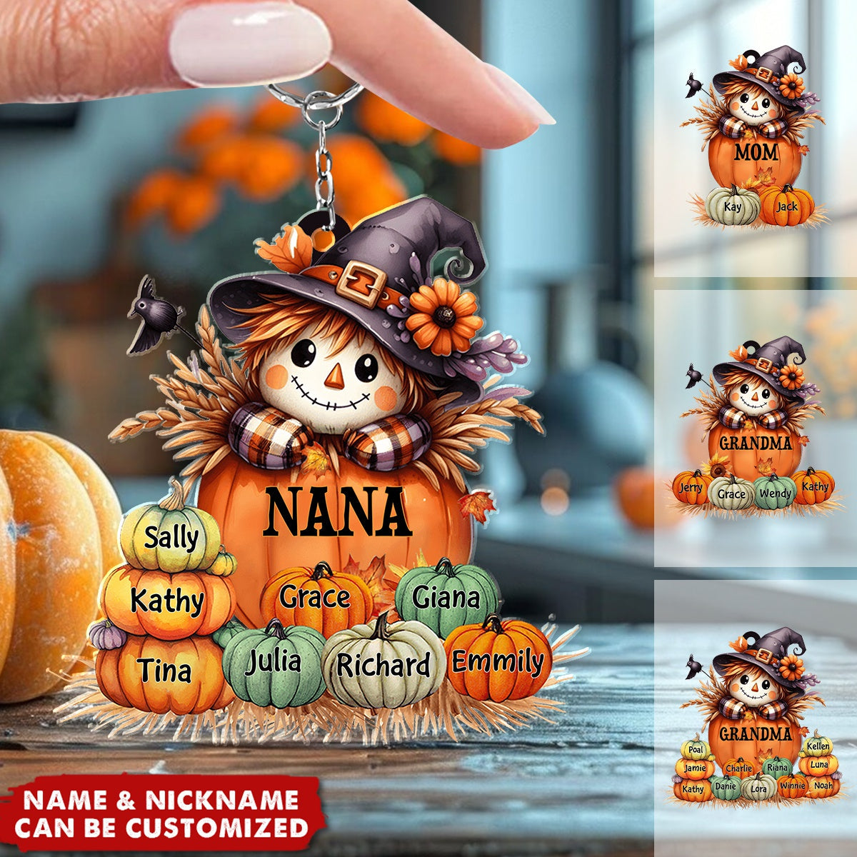 Grandma's Little Pumpkins - Scarecrow Grandma With Pumpkin Kid Names Personalized Keychain