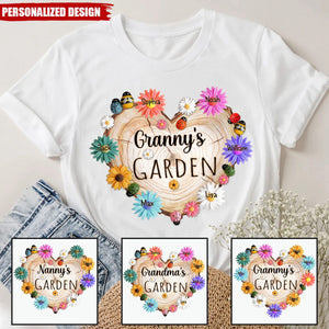 Personalized Grandma Garden Heart Flower Shirt, Custom Grandma With Grandkids Flower Wood Heart