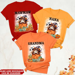 Grandma's Little Pumpkins - Fall Season Background - Scarecrow Grandma With Pumpkin Kid Names Personalized T-shirt