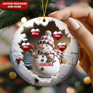 Cute Snow Grandma And Grandkids Personalized Ceramic Circle Ornament