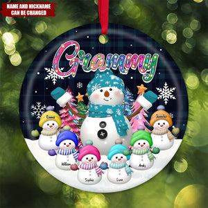 Personalized Grandma Snowman & Kid Christmas Tree Circle Ceramic Ornament