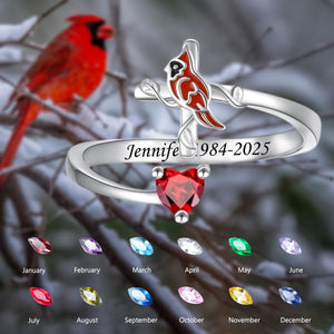 Cardinal On Cross Heart Birthstone Memorial Personalized Ring