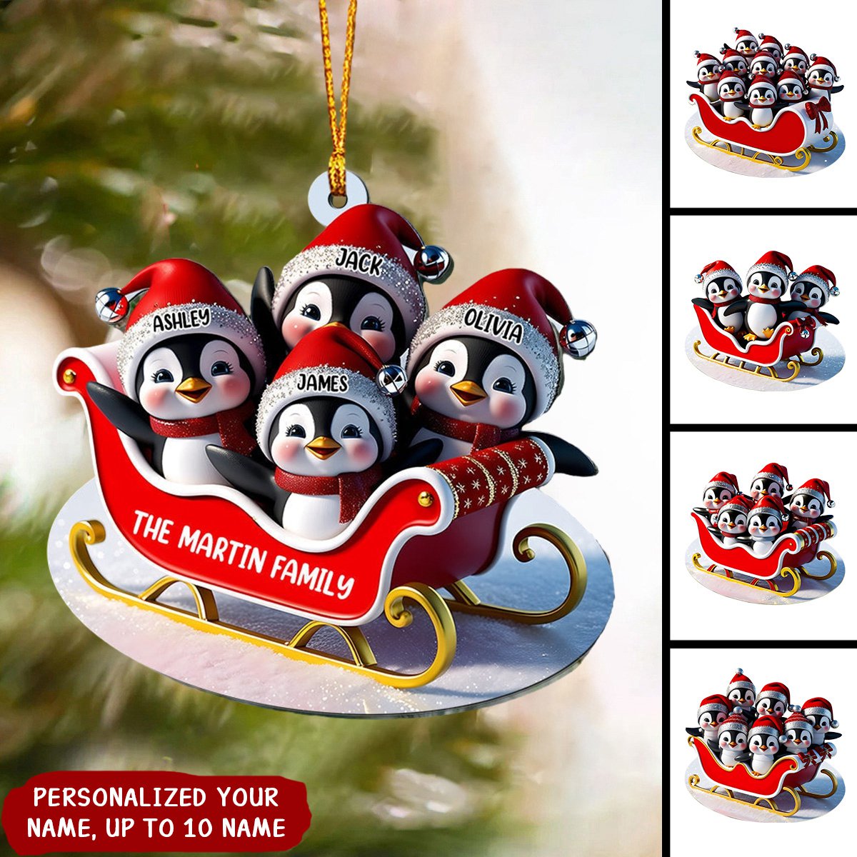 Penguin Family Sleighin - Personalized Family Transparent Ornament