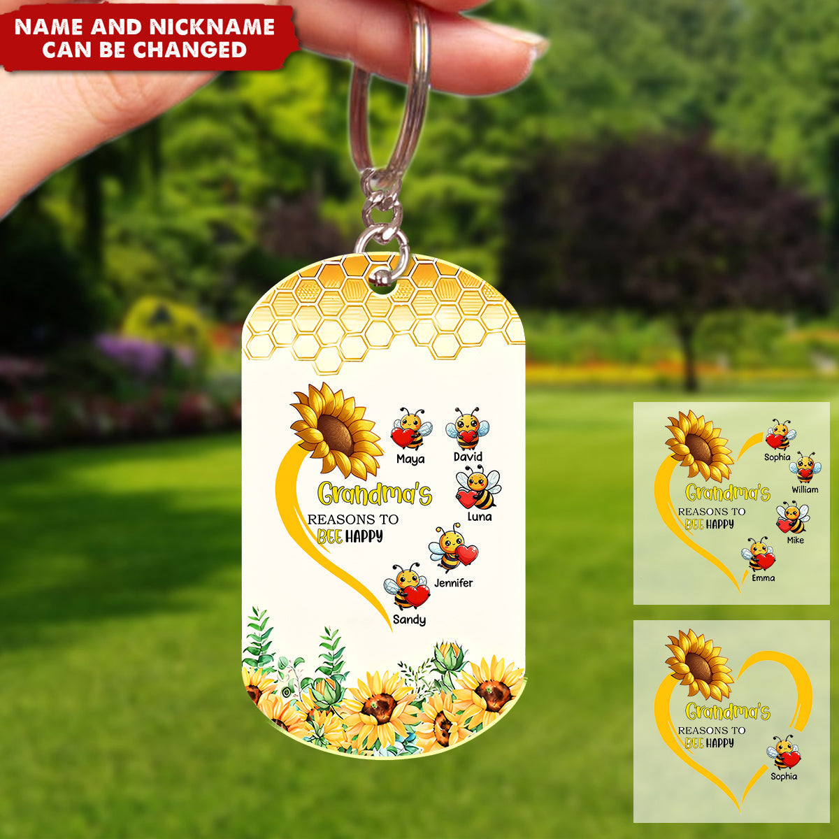 Grandma's Reasons To Bee Happy Sunflower And Bee Kid Names Personalized Acrylic Keychain