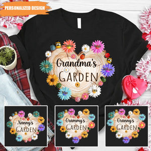 Personalized Grandma Garden Heart Flower Shirt, Custom Grandma With Grandkids Flower Wood Heart