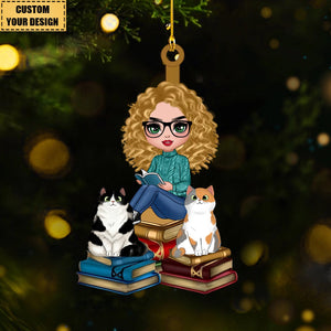 Girl And Cats Sitting On Book Personalized Wooden Ornament