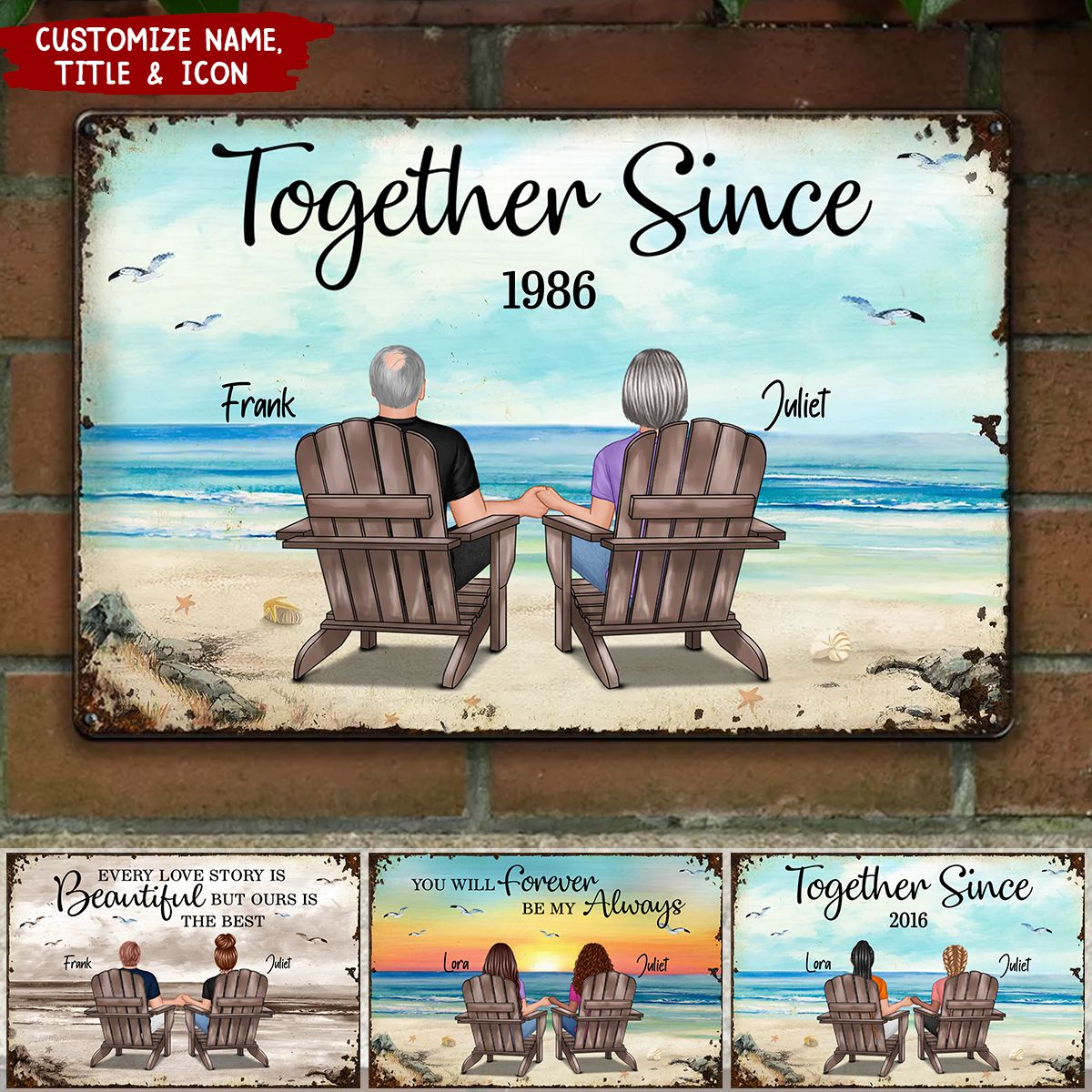 Back View Couple Sitting Beach Landscape Personalized Metal Sign