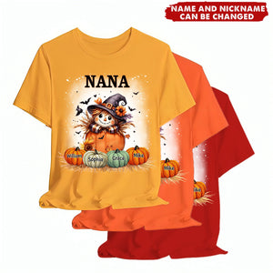 Grandma's Little Pumpkins - Fall Season Background - Scarecrow Grandma With Pumpkin Kid Names Personalized T-shirt