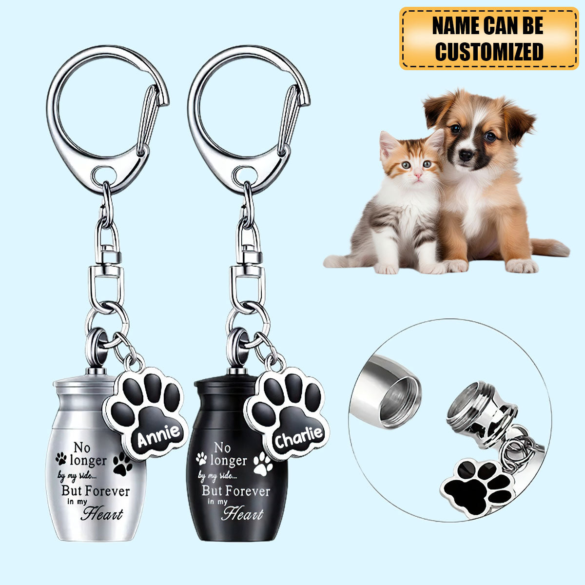 Pet Memorial Ashes Urn With Paw Print Personalized Keychain, Clasp Closure Keepsake