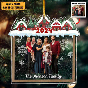 Family Beautiful Christmas Town Village View - Personalized Family Photo Ornament