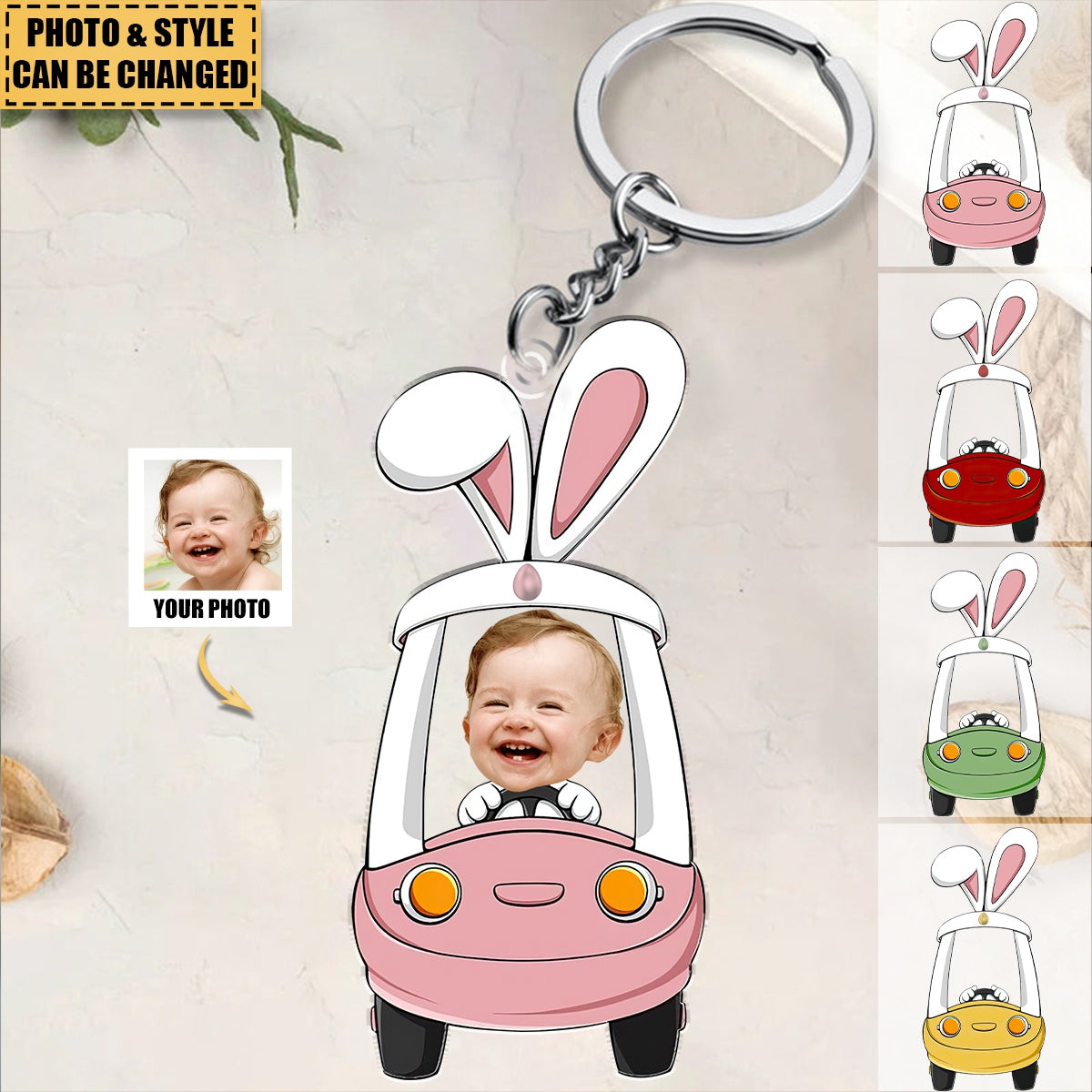 Custom Photo Funny Face Bunny Easter Car Gift - Personalized Easter Keychain