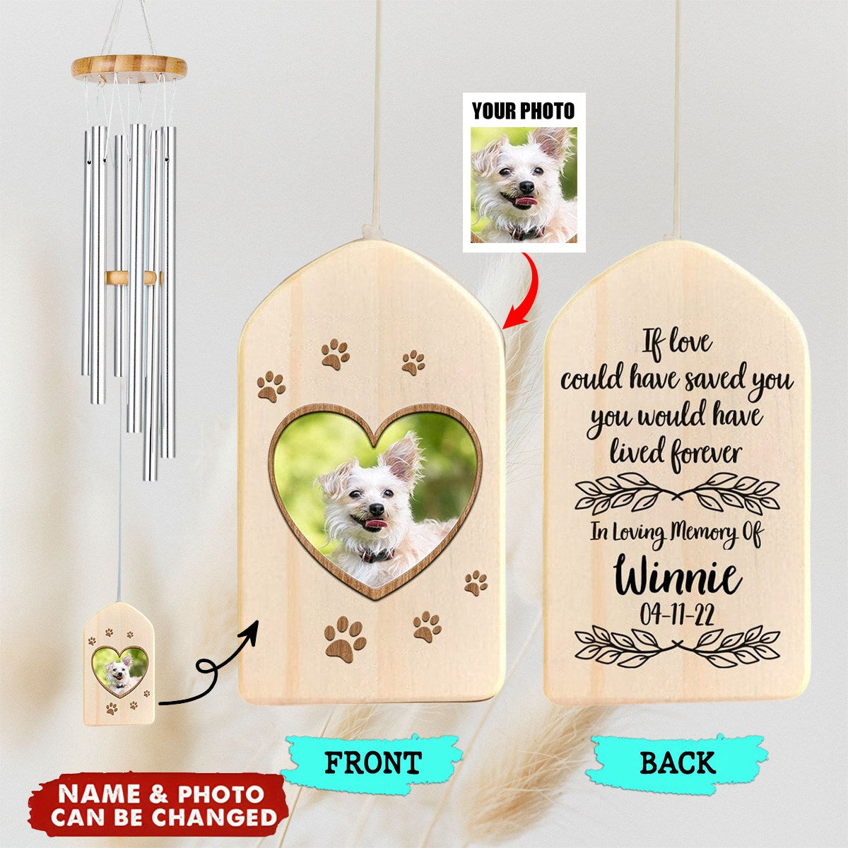 Custom Photo You Left Paw Prints On My Heart Memorial Wind Chimes