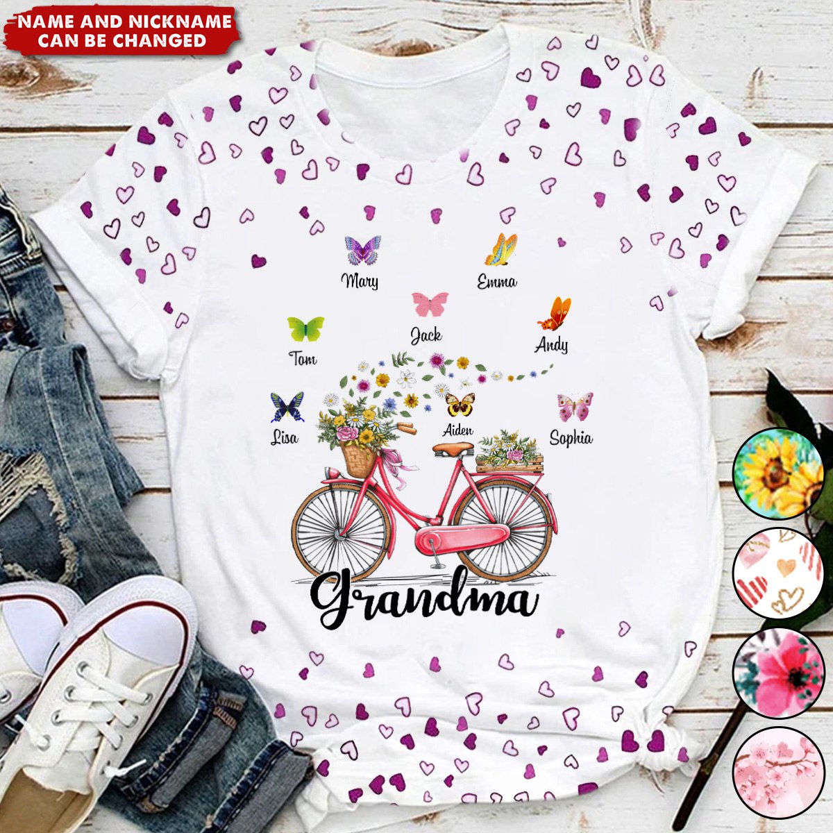 Grandma Bicycle With Butterfly Kid Names Personalized 3D T-Shirt