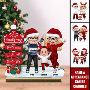 Happy Family With Christmas North Pole Sign Personalized 2-Layer Standing Wooden Plaque, Christmas Decoration