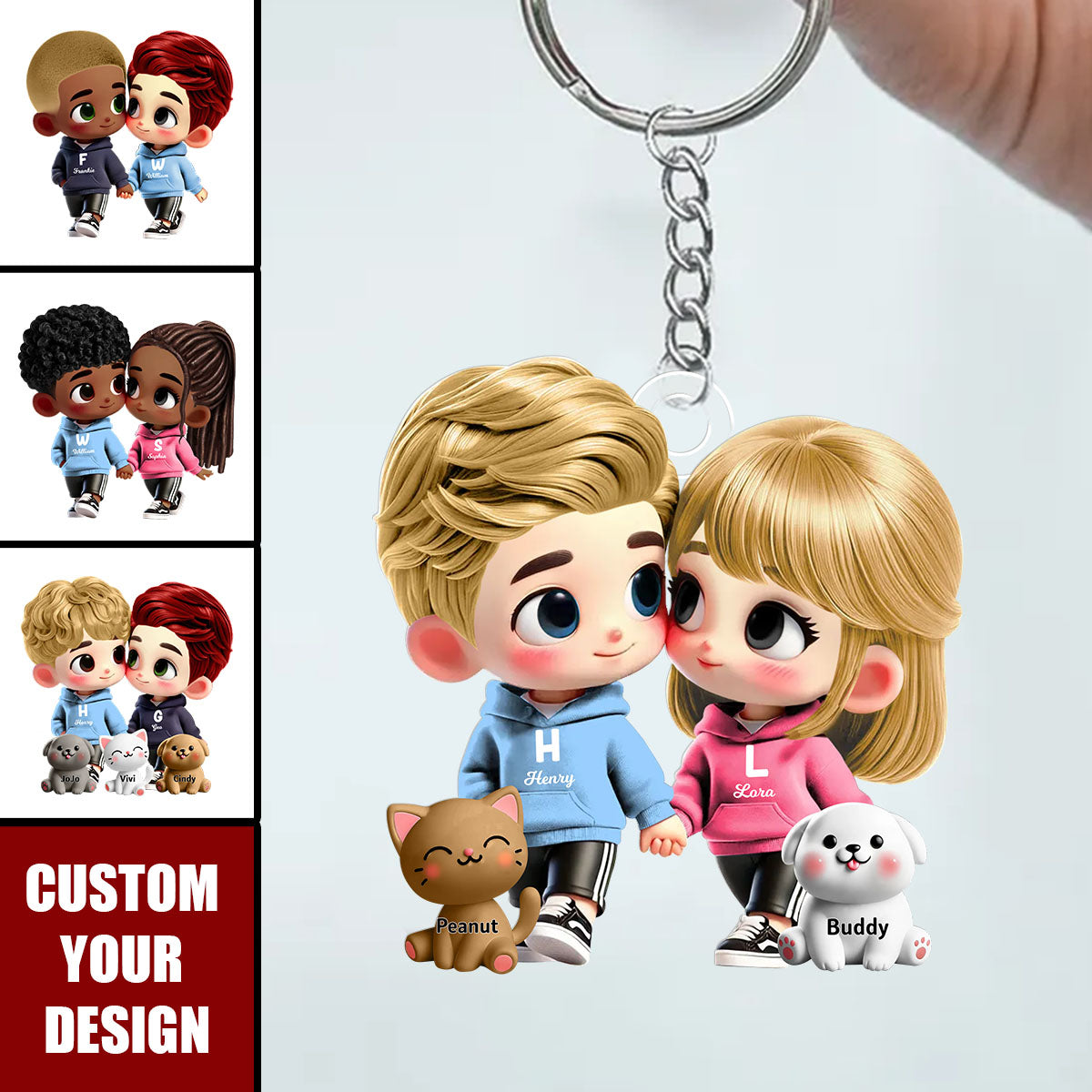 Cute Cartoon Couple Holding Hands with Dogs Cats Personalized Acrylic Keychain