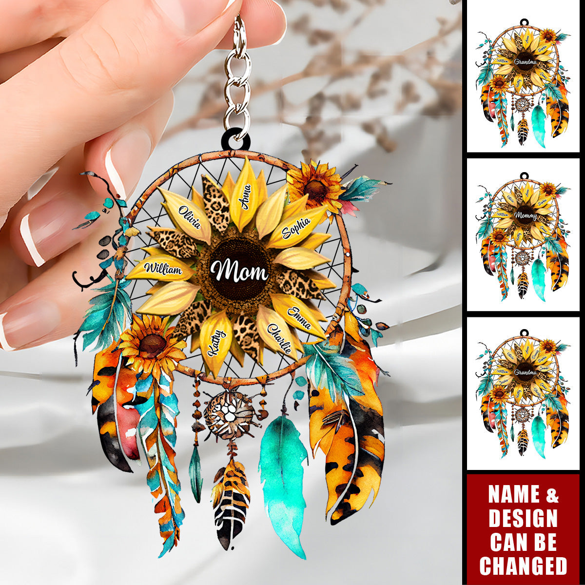 Sunflowers Dreamcatcher - Personalized Acrylic Keychain - Gift For Grandma, Mom