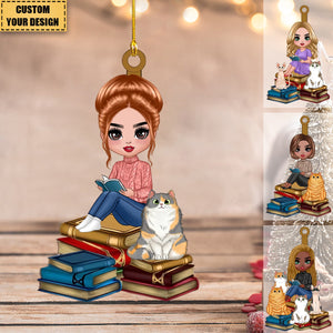 Girl And Cats Sitting On Book Personalized Wooden Ornament