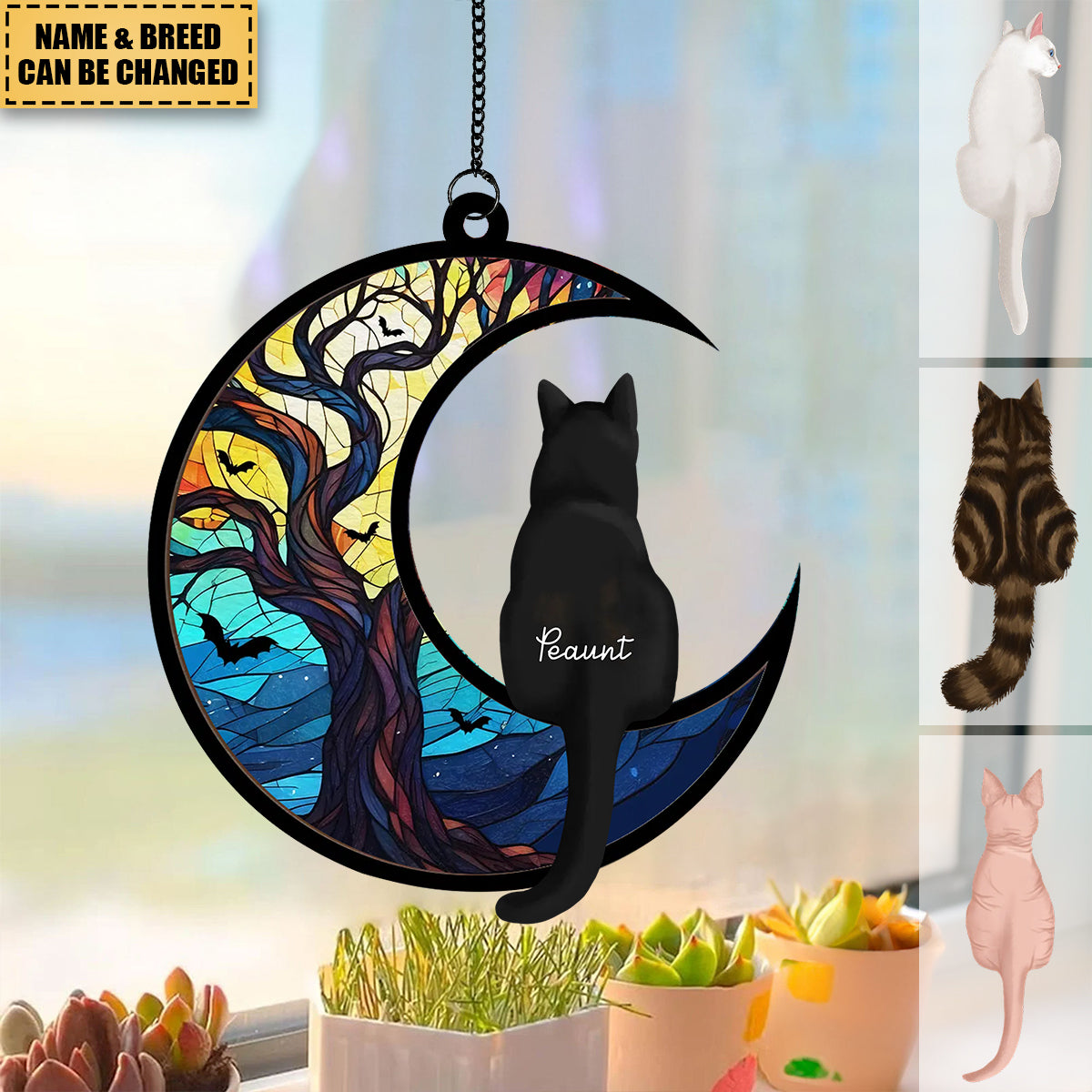 Cats On Moon Personalized Window Hanging Suncatcher Ornament, Halloween Decor For Cat Lovers