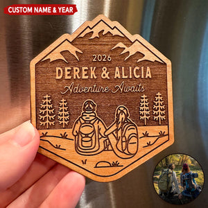 Hiking Couple Adventure Awaits Personalized Wooden Magnet Decal, Gift For Backpackers Camper