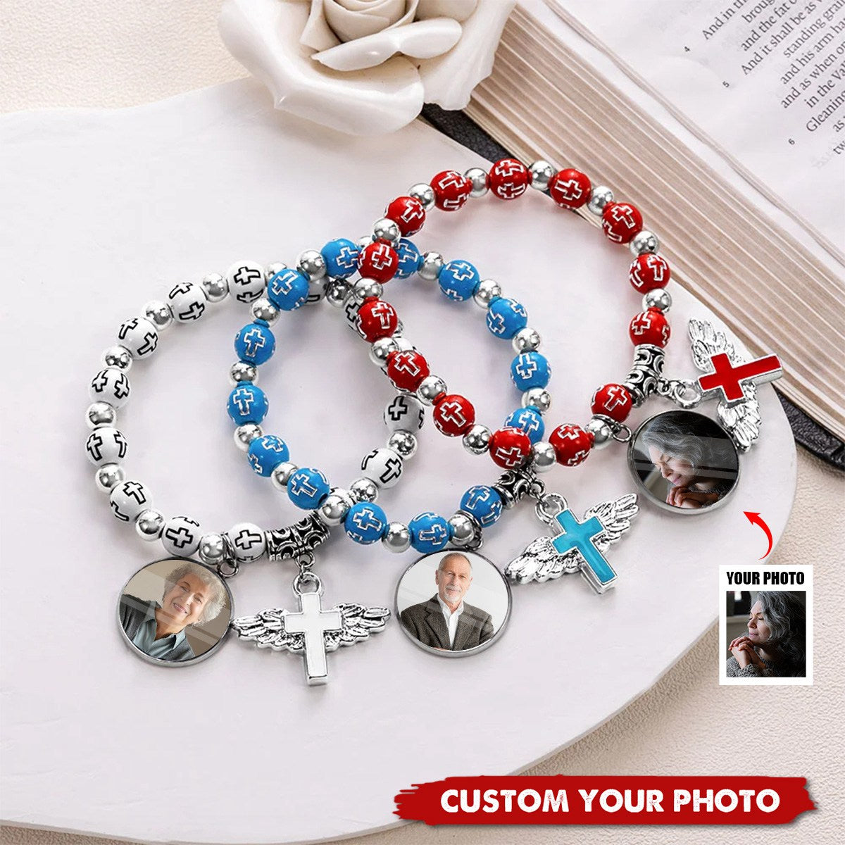 Cross Elastic Cord With Photo Personalized Memorial Bracelet, Gift for Christian